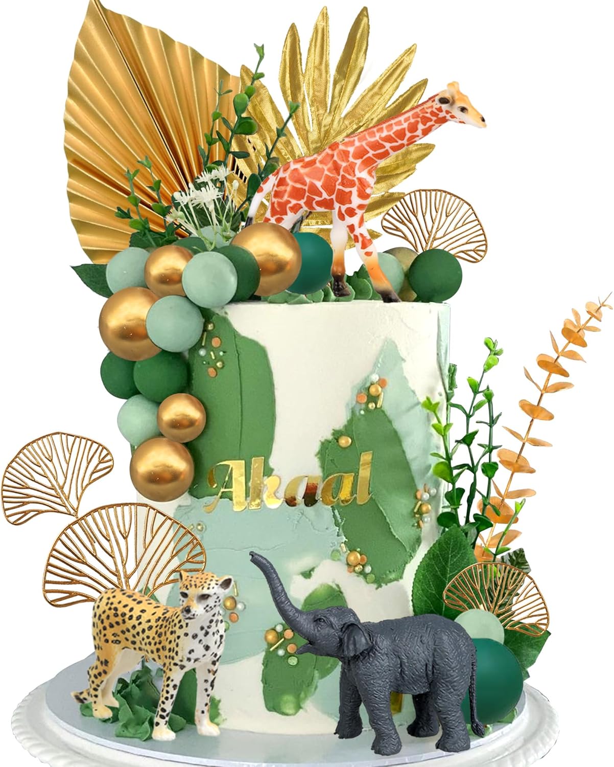 26 piezas de animales de la selva para tartas de animales de safari, figuras de animales dorados, palmas doradas, decoración de pasteles de animales