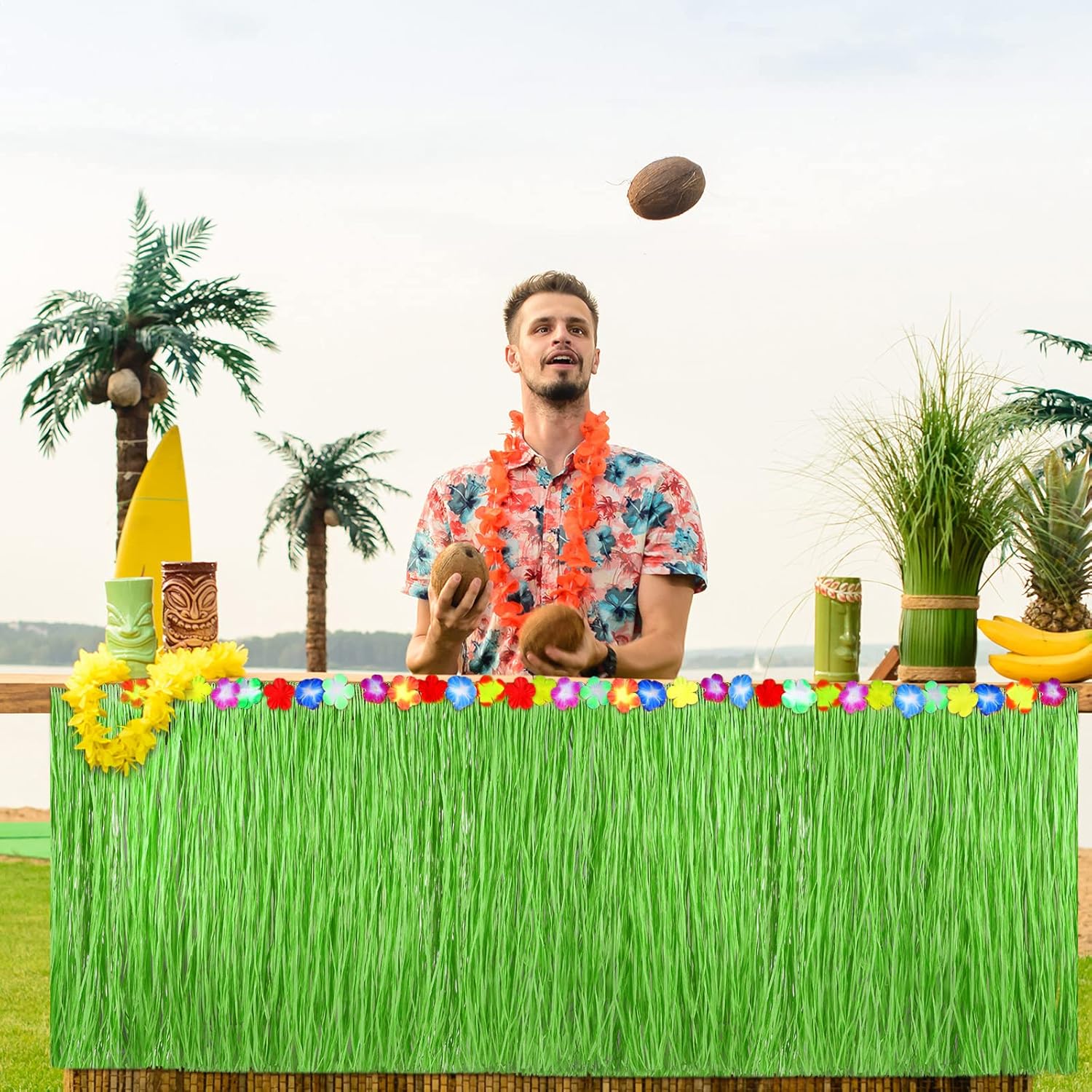 Falda de mesa de rafia hawaiana Luau con flores de hibisco, 108 x 30 pulgadas, decoración de mesa de bar Tiki para verano, playa, fiesta de