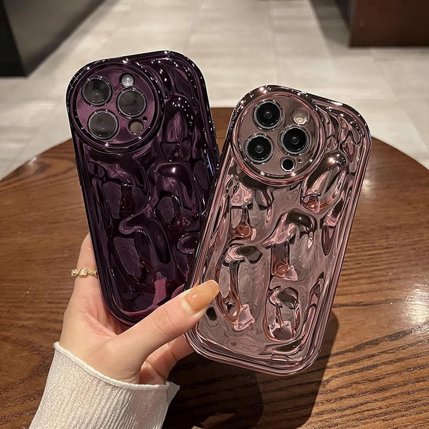 Uioeua – Funda compatible con iPhone 13 Pro Max 3D, bonita funda de lujo con forma de onda con purpurina láser con protector completo de lente de