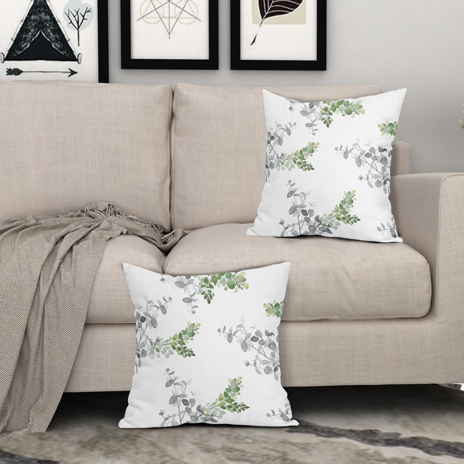 Juego de 2 fundas de almohada de 18 x 18 pulgadas, color verde y gris, fundas de almohada decorativas con hojas turquesas y grises, fundas de