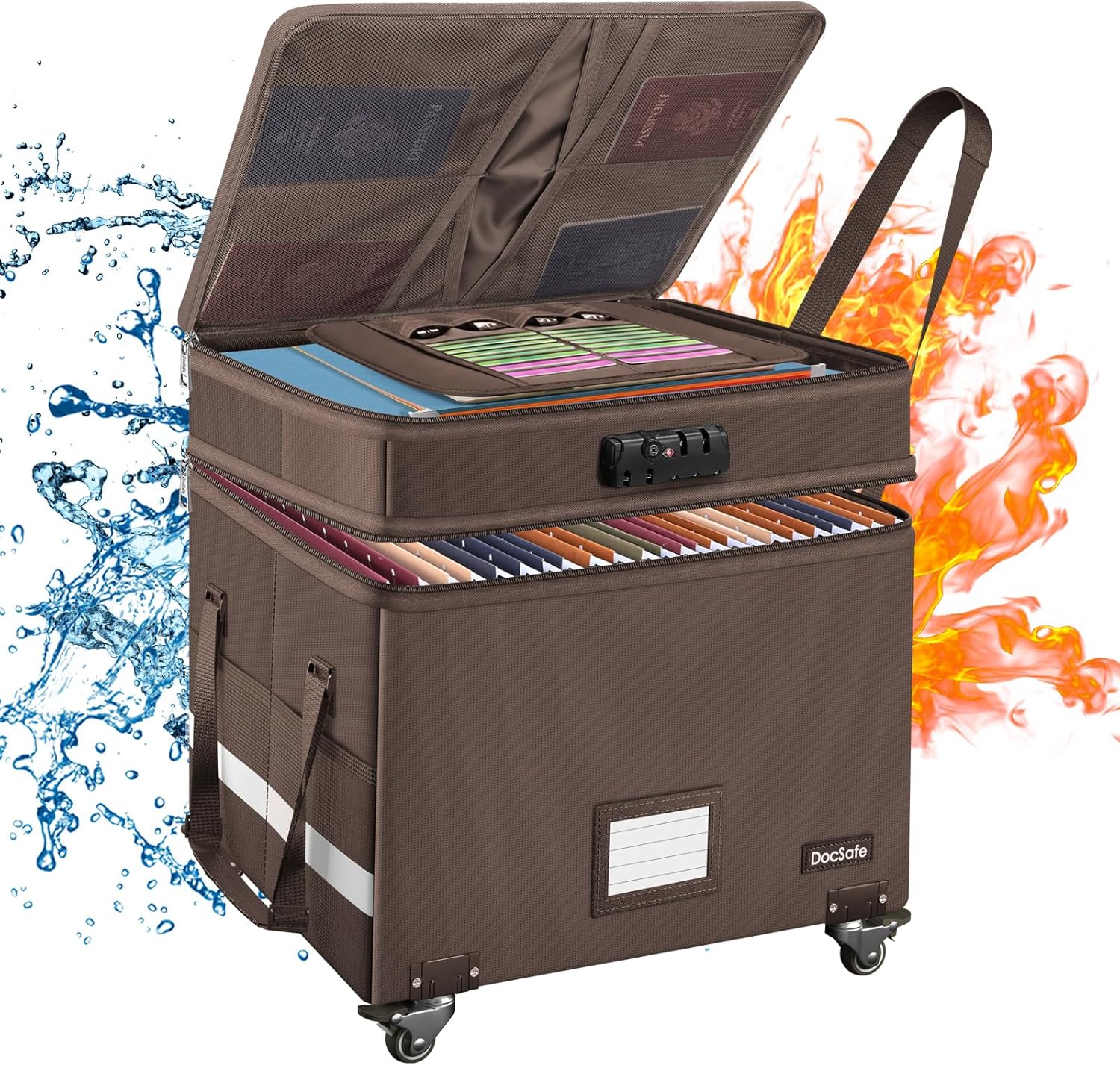 DocSafe Caja de archivos con cerradura, caja de documentos ignífuga de 2 capas con ruedas, organizador de almacenamiento de archivos plegable con