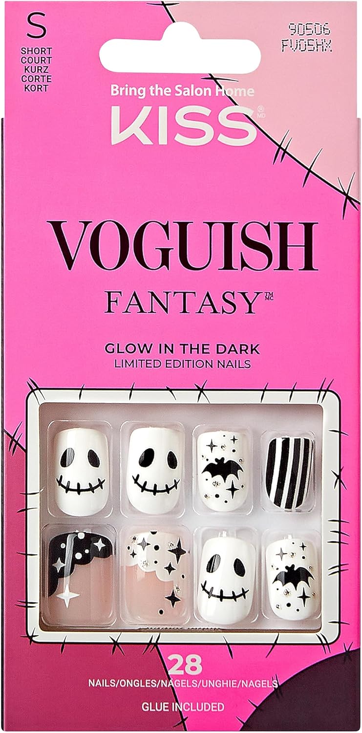 KISS Voguish Fantasy – Uñas de Halloween, color blanco y negro, longitud corta, forma cuadrada, pegamento de uñas de gel rosa (0.07 oz), lima de