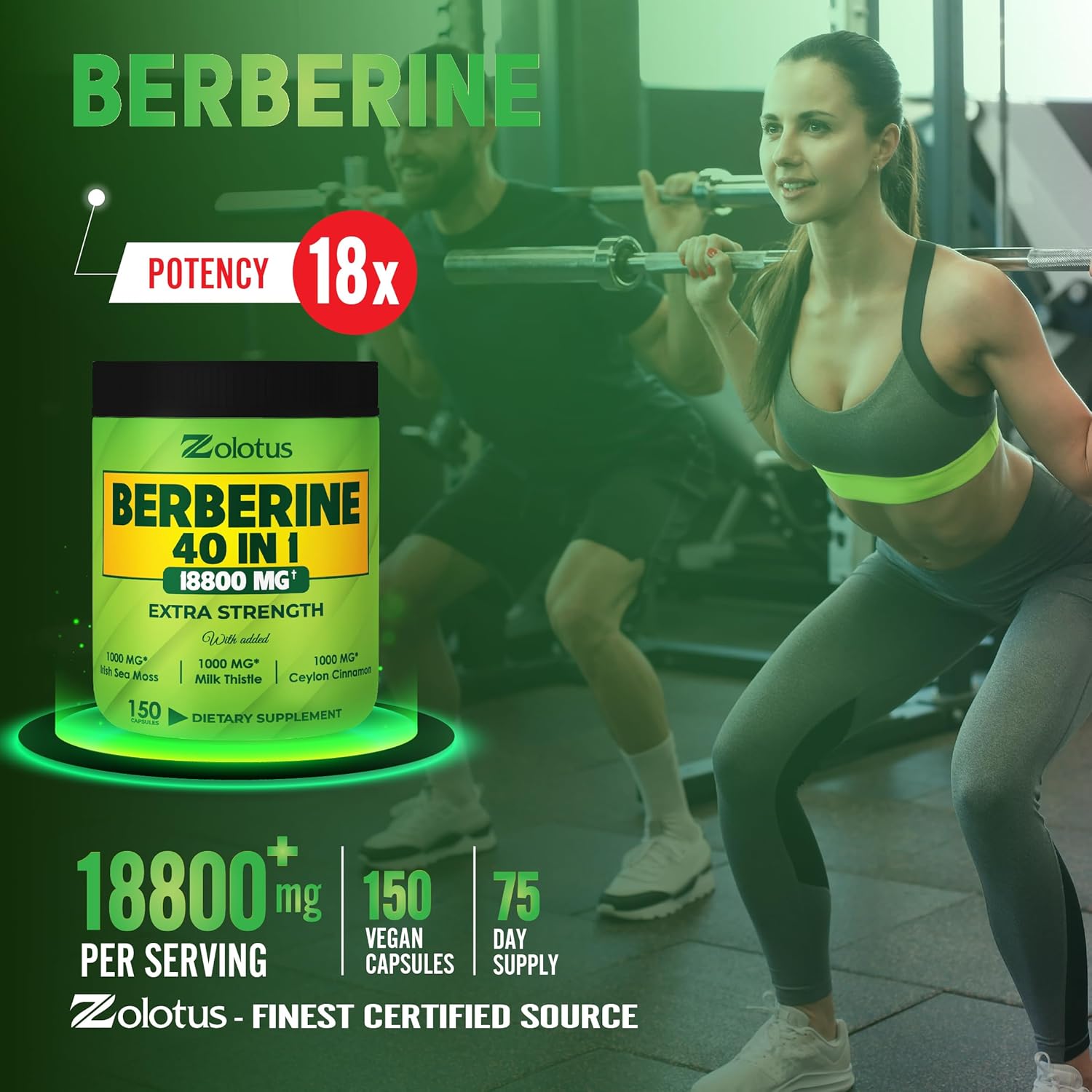 Zolotus Suplemento de berberina de 18800 mg 40 en 1, con musgo marino, canela, cardo mariano, vinagre de sidra de manzana, quercetina, el mejor
