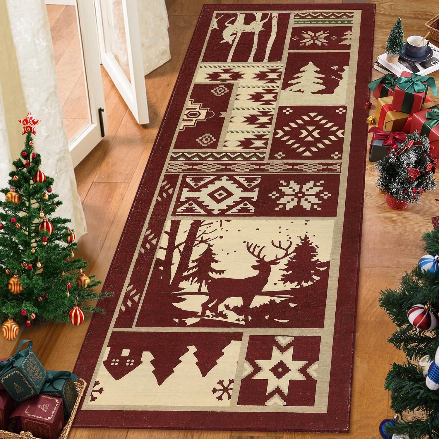 Alfombra de pasillo de cocina rústica, alfombra decorativa de Navidad, alfombra larga para pasillo interior, alfombra antideslizante lavable para