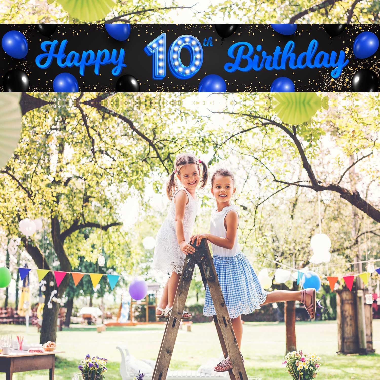 Cartel azul y negro de feliz cumpleaños número 10 años de edad, globos de confeti, decoración temática para niñas de 10 años, suministros de