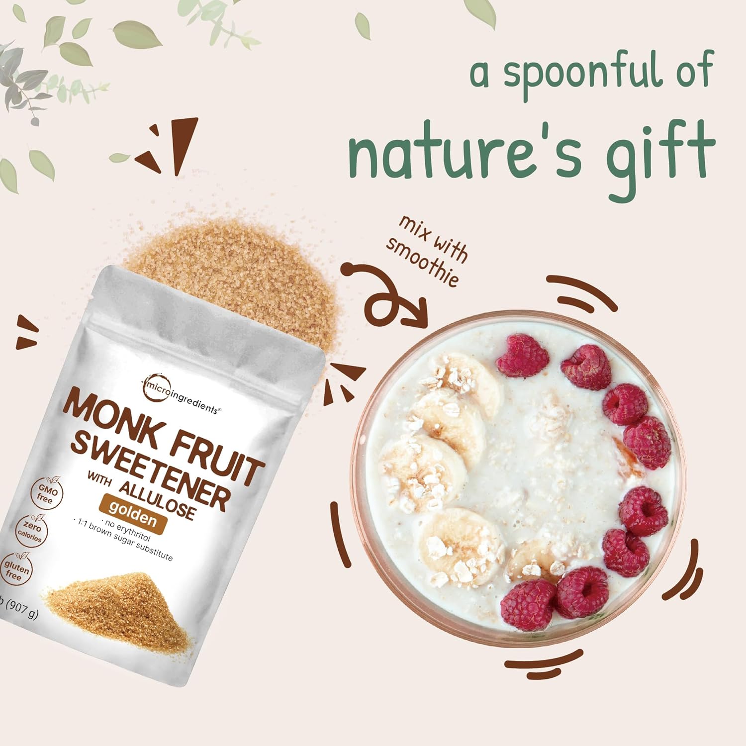 Micro Ingredients Golden Monk – Edulcorante de frutas alulosa, 2 libras, sin eritritol, sin regusto, sustituto de azúcar morena 11, cero calorías,