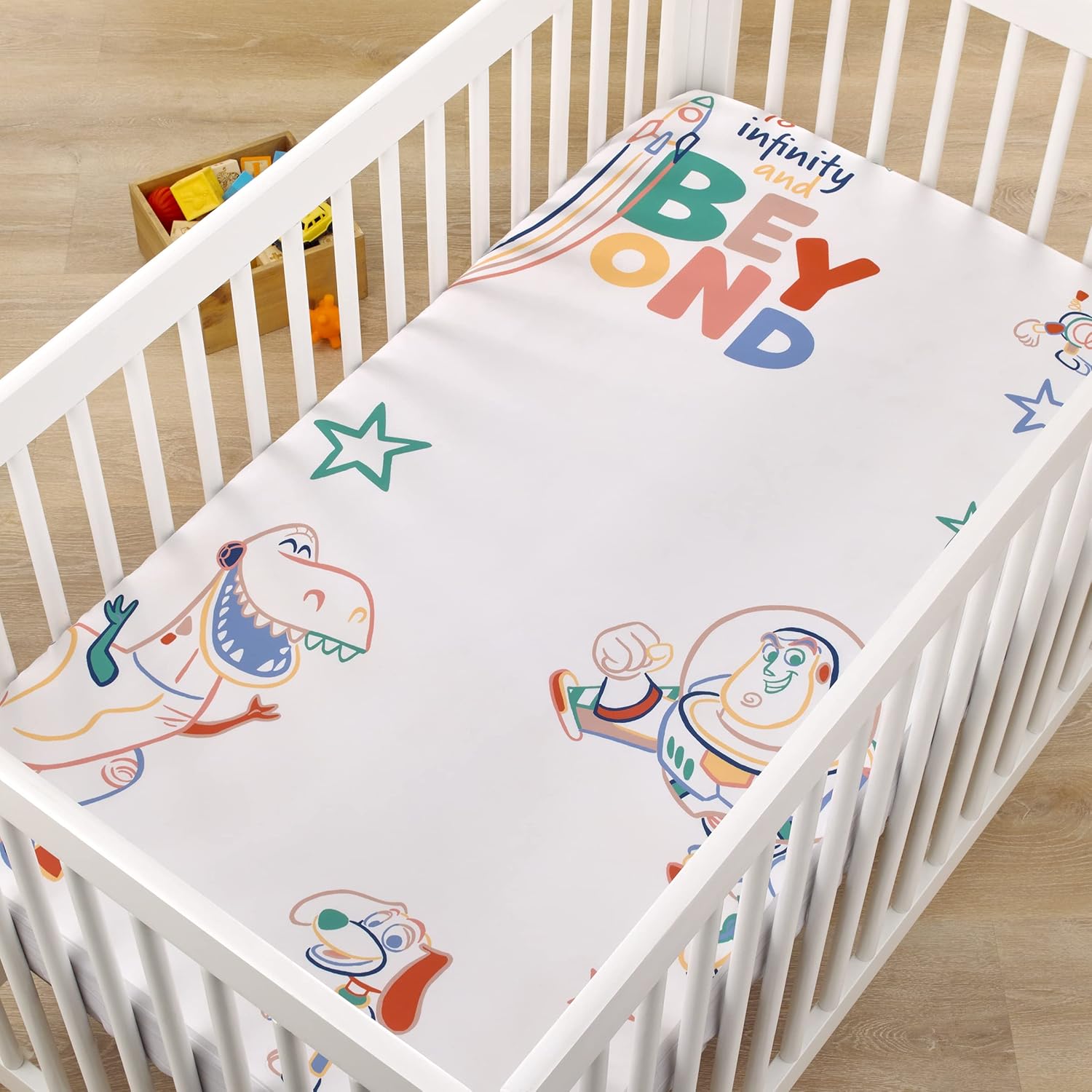 Disney Toy Story – Sábana bajera ajustable para cuna, color verde, rojo, azul y blanco a infinito y más allá