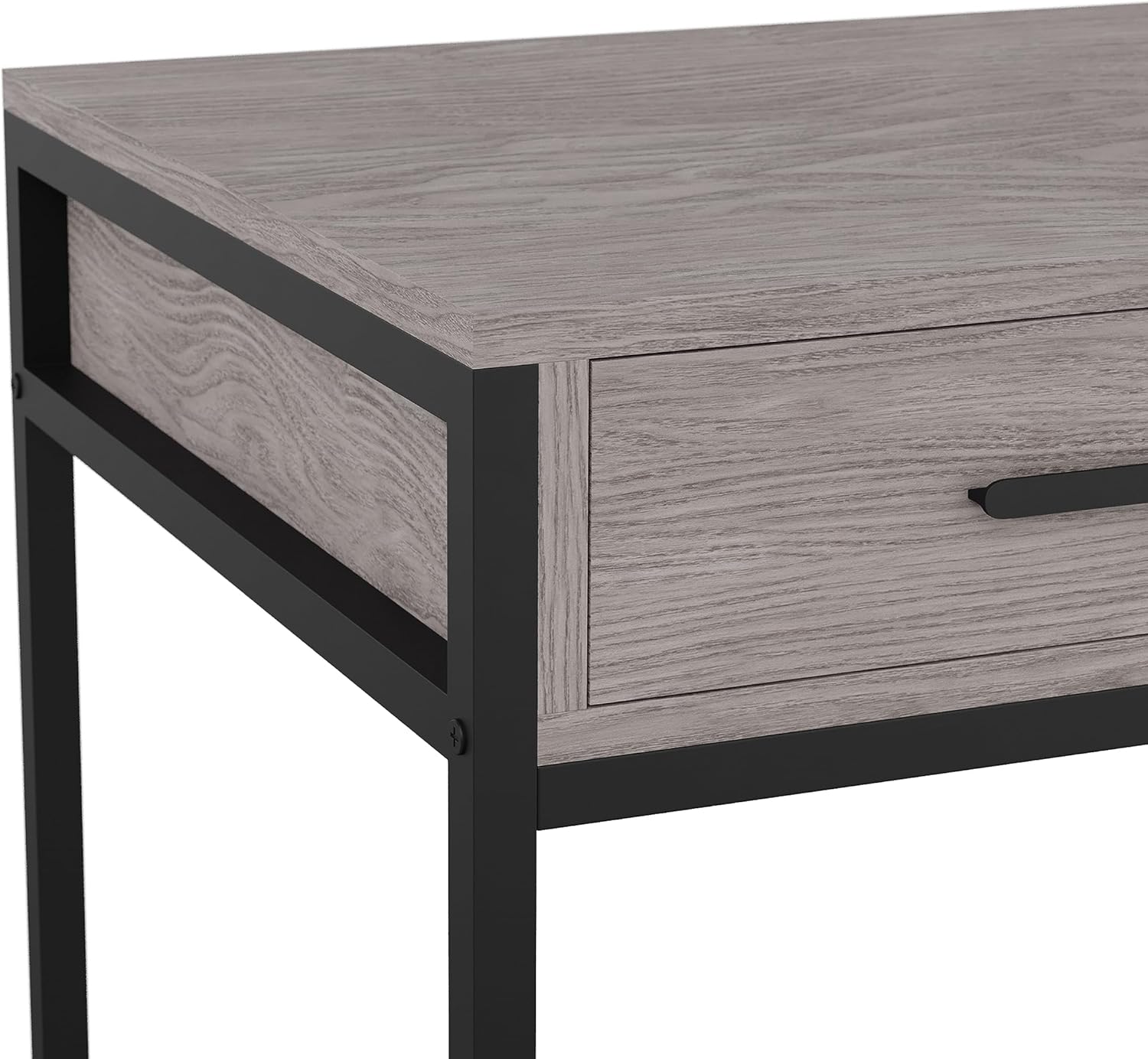 Martha Stewart Ollie Escritorio de oficina en casa con 3 cajones en grano de madera gris con herrajes de bronce aceitado