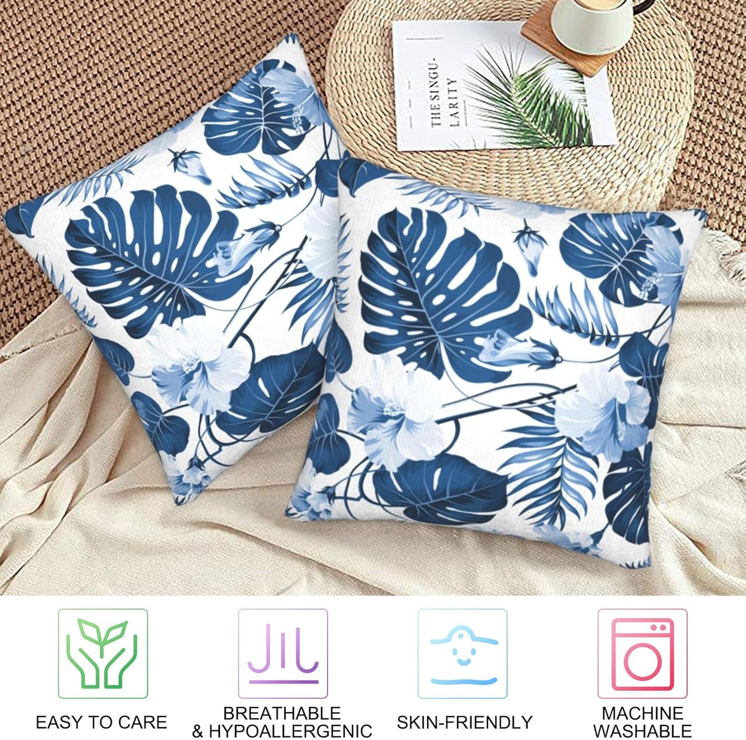 Juego de 2 fundas de almohada de hojas azules de palmera de 18 x 18 pulgadas, juego de 2 fundas de almohada florales hawaianas, arte abstracto,