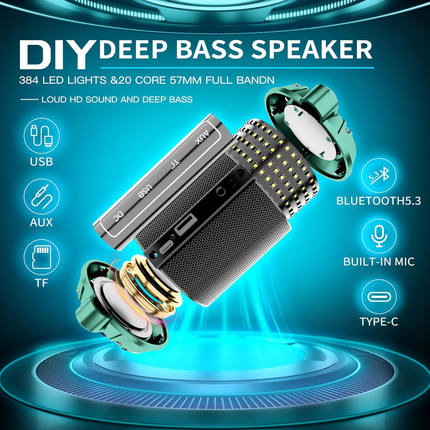 Altavoz Bluetooth portátil para bricolaje con 48 horas de reproducción, rango de 66 pies y micrófono integrado, IPX7 impermeable altavoz inalámbrico