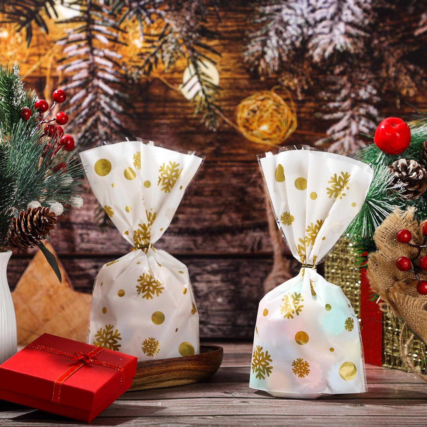 utus – 100 bolsas de regalo de Navidad con copos de nieve, Papá Noel, bolsas de plástico planas de celofán para panadería, palomitas de maíz,
