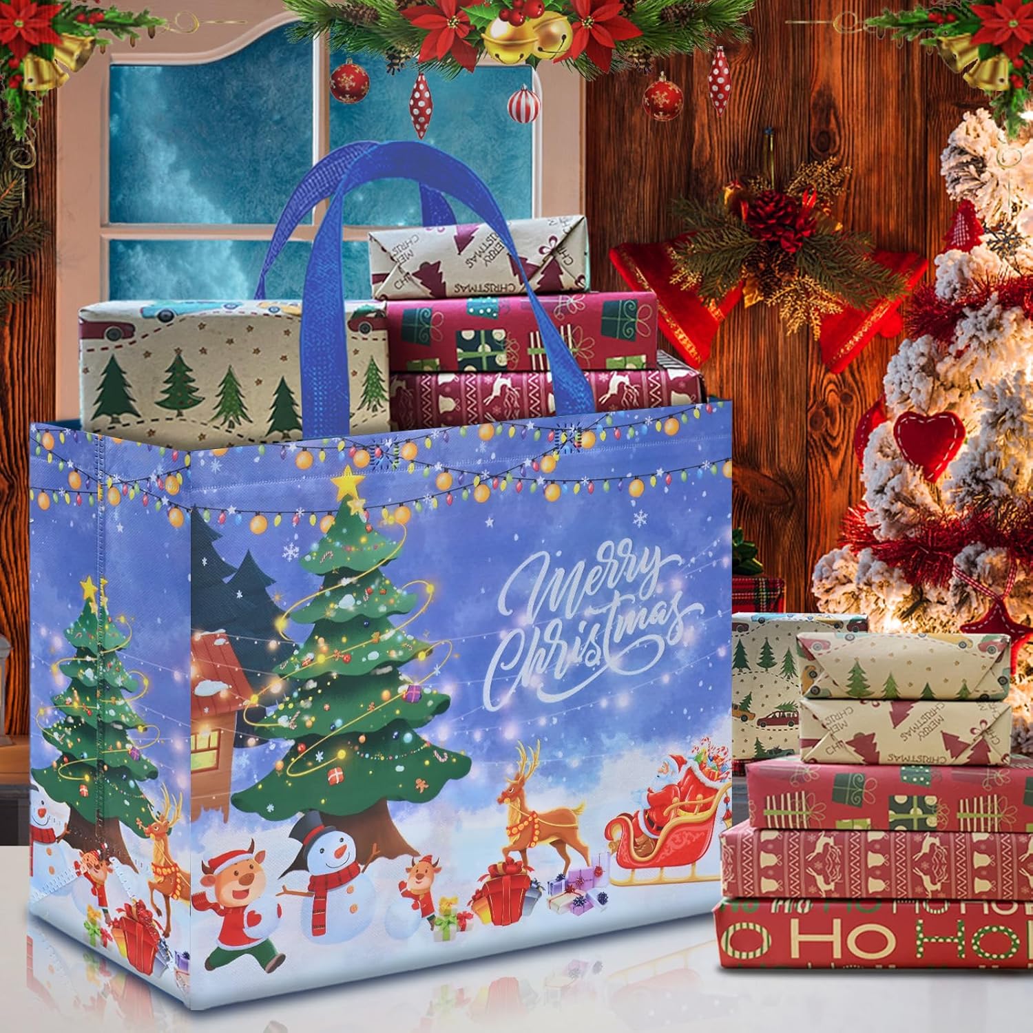 AhfuLife 12 bolsas de regalo de Navidad extra grandes, 15.7 x 14.2 x 5.9 pulgadas, bolsas de Navidad con asas, bolsas de compras de Navidad