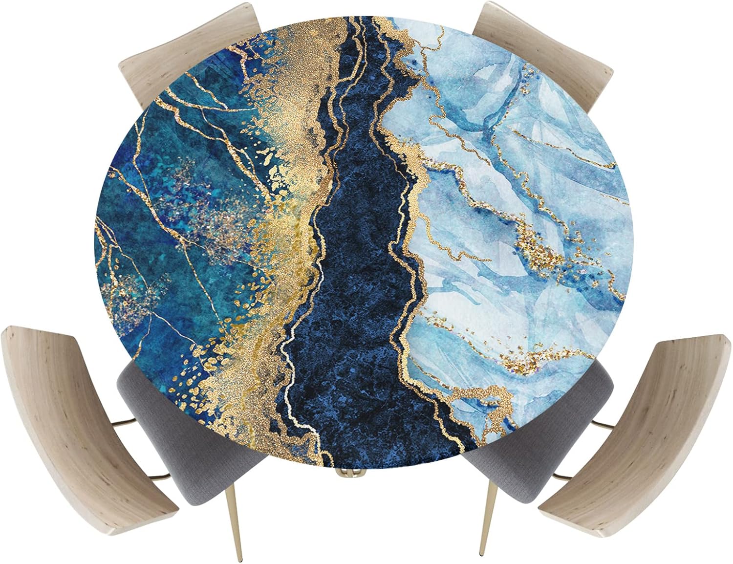 Mantel redondo de mármol para mesa de cocina con borde elástico, mantel ajustable azul dorado degradado para mesas redondas, mantel impermeable para