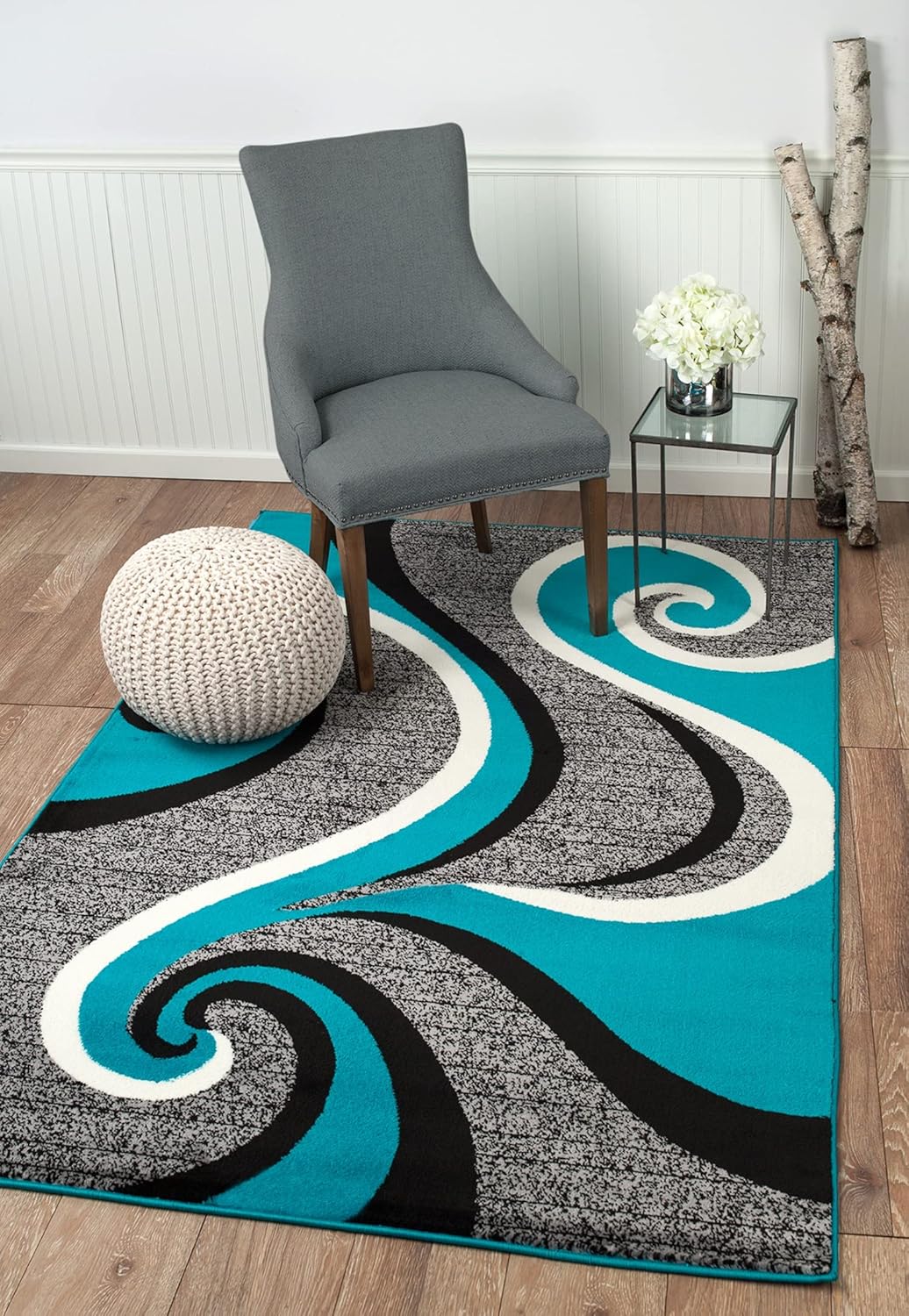 Alfombra y decoración Contempo 37 gris, turquesa, blanco, remolino, moderno, abstracto, alfombra para sala de estar, dormitorio, 3 pies, 9 pulgadas