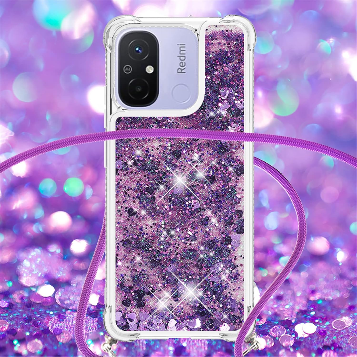 Tncavo Funda para Xiaomi Redmi 12C para mujer, fundas con purpurina holográfica líquida en movimiento con correa cruzada delgada y suave TPU