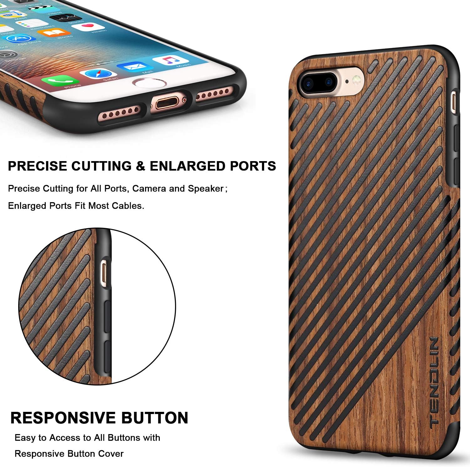 TENDLIN Funda para iPhone 8 PlusiPhone 7 Plus con grano de madera exterior suave TPU silicona híbrida funda delgada para iPhone 7 Plus y iPhone 8