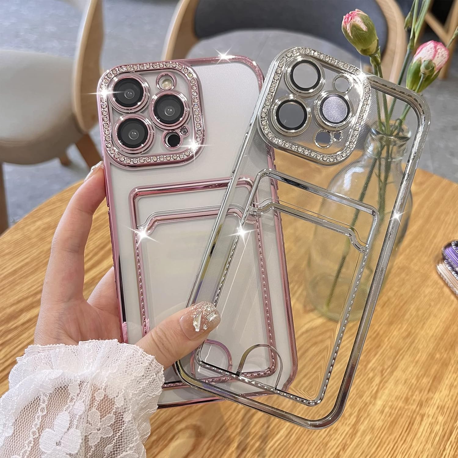 MZELQ Funda tipo cartera chapada para iPhone 13 Pro, tarjetero con diamantes con purpurina brillante, protección de la cámara, funda de lujo + 2