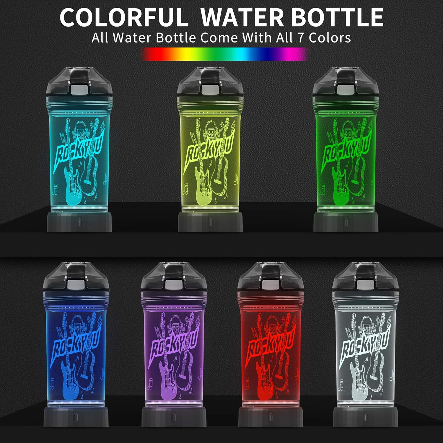 Botella de agua para niños con luz LED de guitarra brillante 3D, Tritan sin BPA, taza de viaje creativa ideal para regalo de música para el regreso