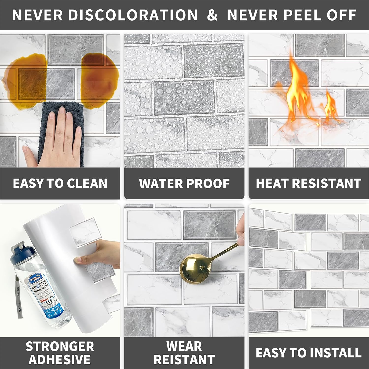 URCOLOR Azulejo de 10 hojas para despegar y pegar en muro de cocina, salpicaduras traseras de 12 x 12 pulgadas para baño, aspecto de mármol gris y