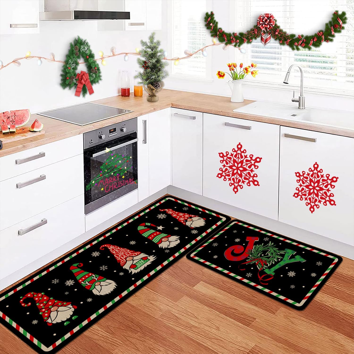Eikunn Juego de 2 alfombras de cocina de Navidad, gnomos negros, tapete de cocina para el piso, Navidad, invierno, vacaciones, antideslizante,