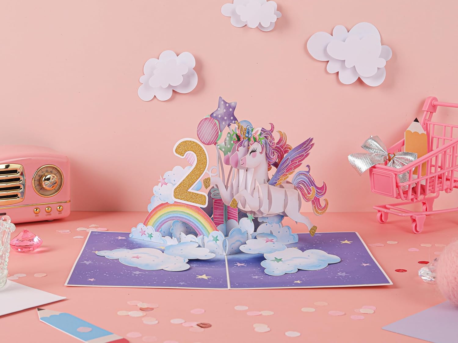 Liif Tarjeta de feliz cumpleaños de 2 cumpleaños de unicornio, tarjeta de cumpleaños desplegable para niños de 2 años para niños, niñas, niños