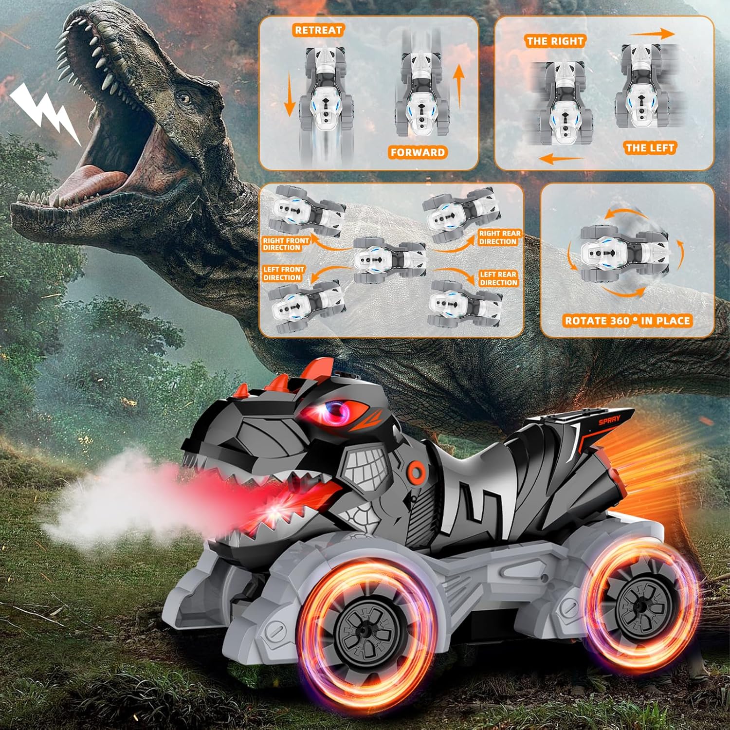 Autos RC Juguetes de dinosaurio, 114, 2.4 GHz, auto de control remoto, camiones monstruos con música ligera y aerosol, 1200 mAh recargable RC