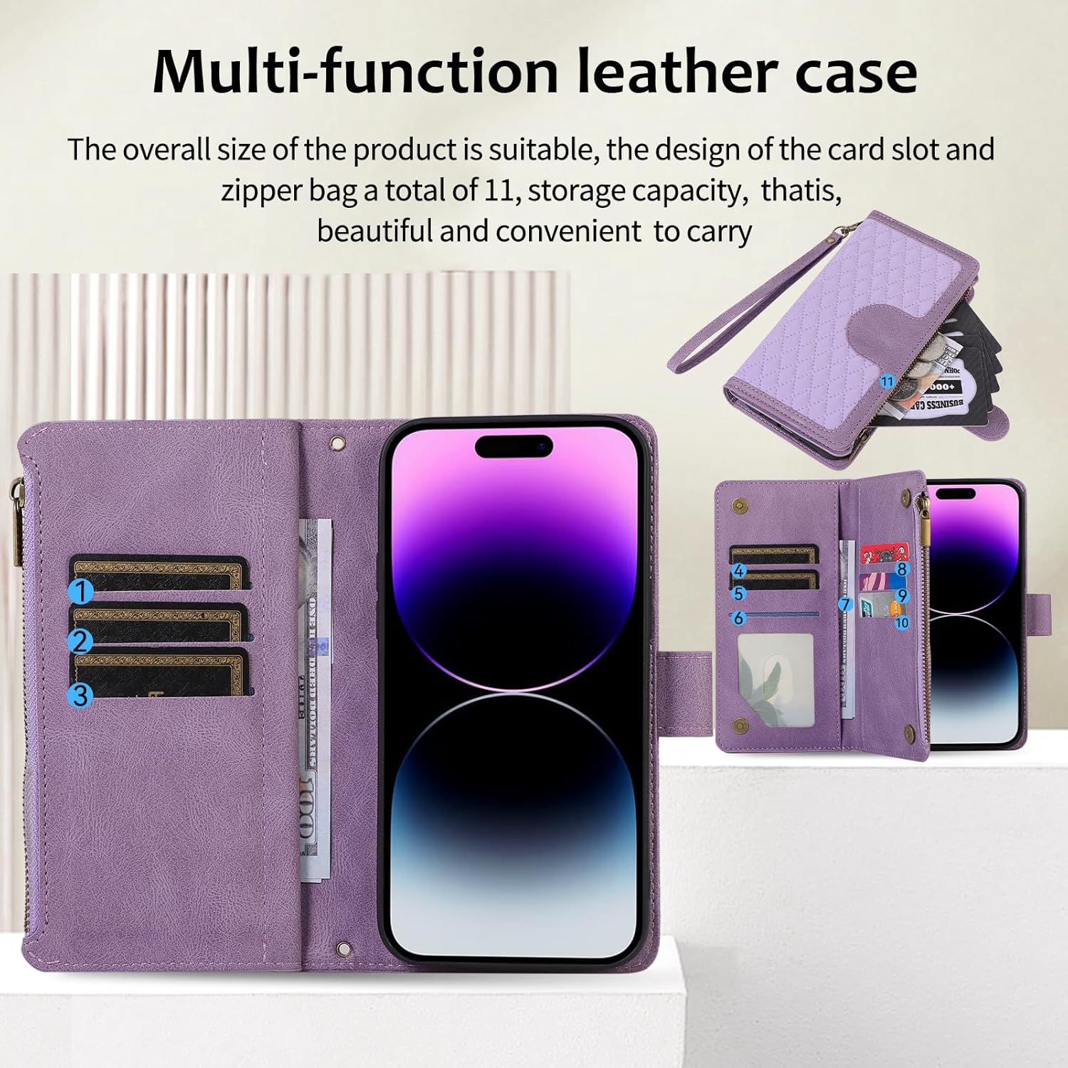 Asuwish Funda compatible con iPhone 15 Pro de 6.1 pulgadas, protector de pantalla, correa de muñeca cruzada, tarjetero con cremallera, funda para