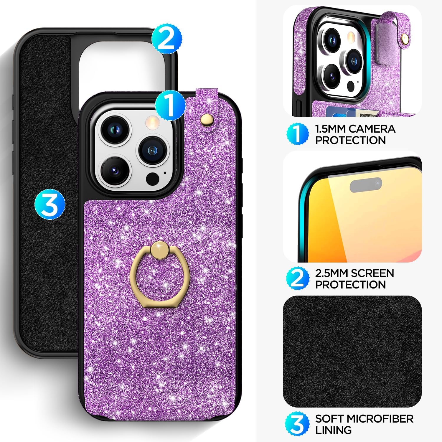 AICase Funda para tarjetas compatible con iPhone 15 Pro Max, funda protectora con purpurina brillante para mujer con soporte de anillo y 8 ranuras