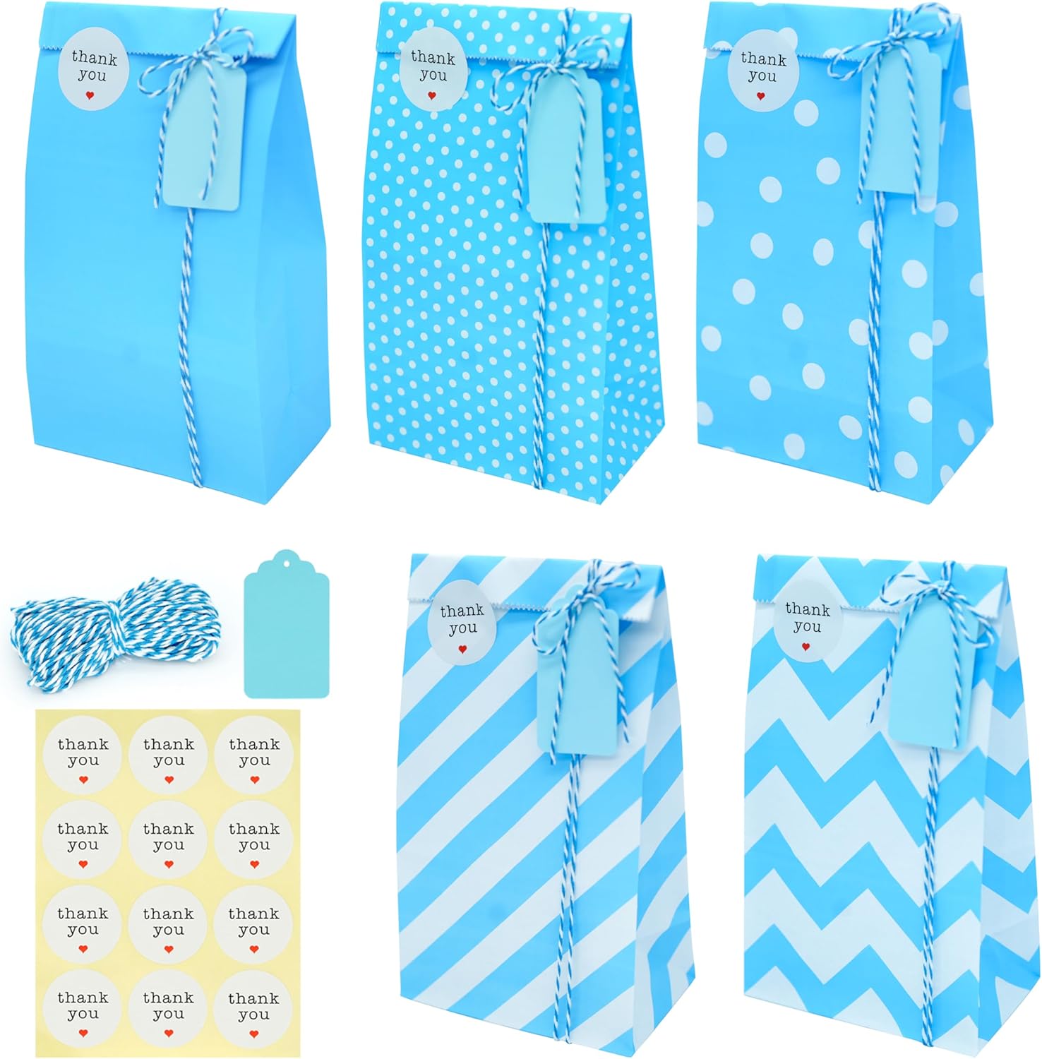 SMINTINE Paquete de 30 bolsas de regalo azules con calcomanías de agradecimiento, etiquetas de papel, cuerda de algodón azul para panaderos, 5 x 3 x
