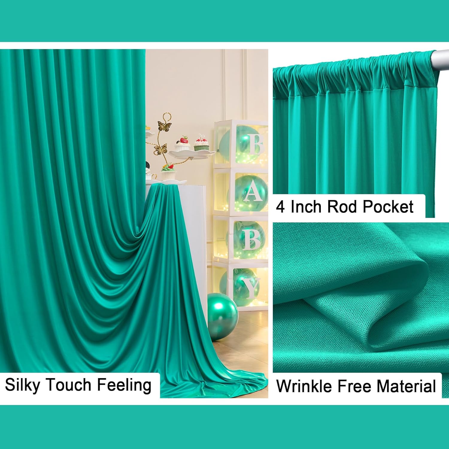 Cortinas de fondo turquesa sin arrugas, de 10 x 10 pies, cortinas de fondo de poliéster turquesa, decoraciones de fondo para fiesta