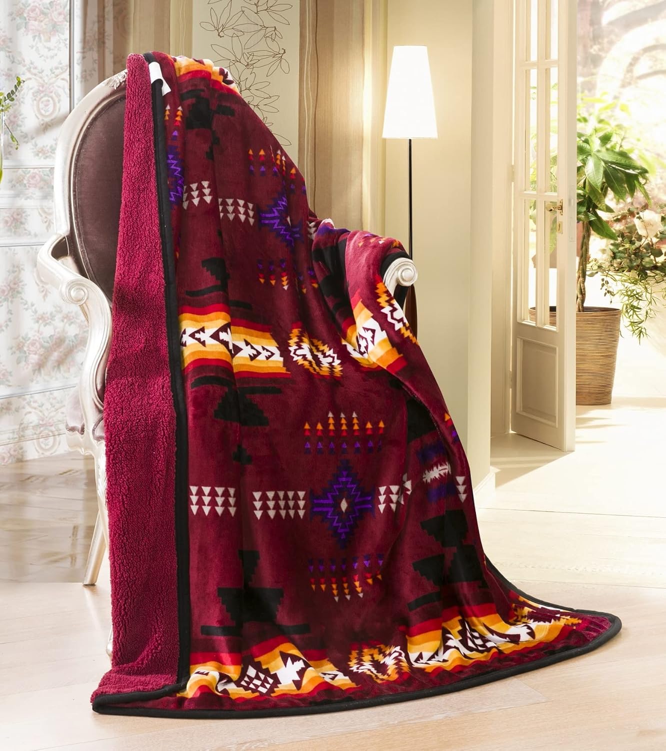 Southwest Design 16112 Manta con forro de sherpa (estampado navajo), color burdeos