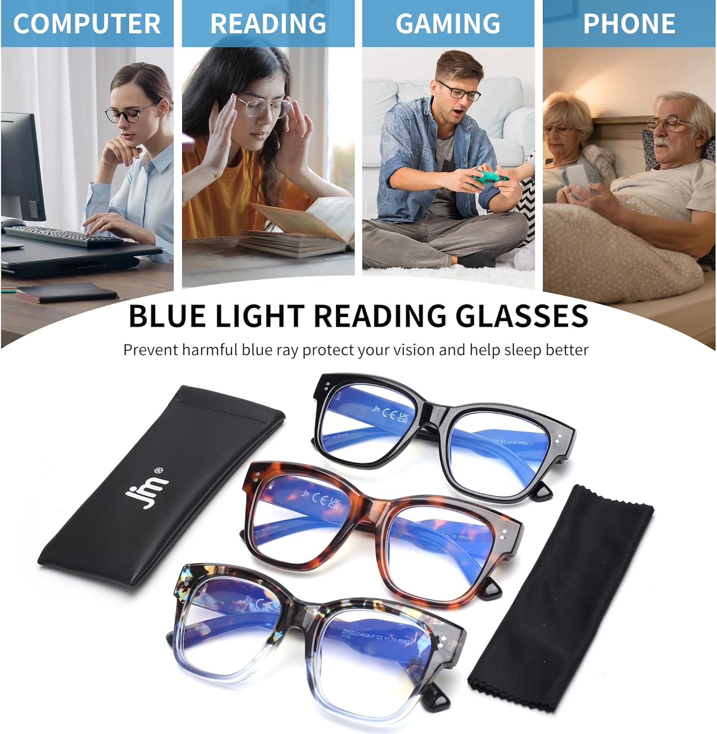 JM – Paquete de 3 lentes de lectura estilo Oprah para mujeres y hombres, cuadrados de gran tamaño, con bloqueo de luz azul