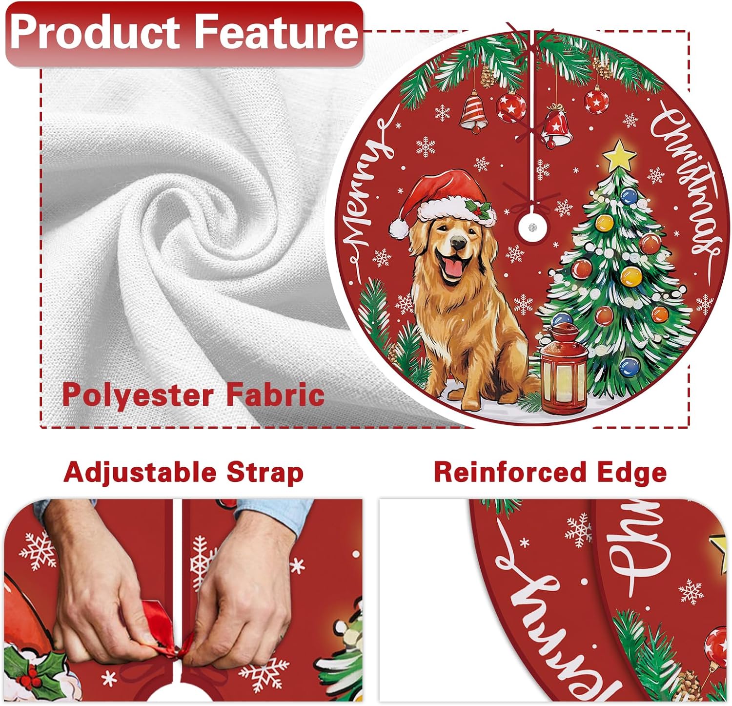 Feliz Navidad Golden Retriever – Falda de árbol de perro de 36 pulgadas con cordones, sombrero de Papá Noel, falda de árbol de Navidad roja