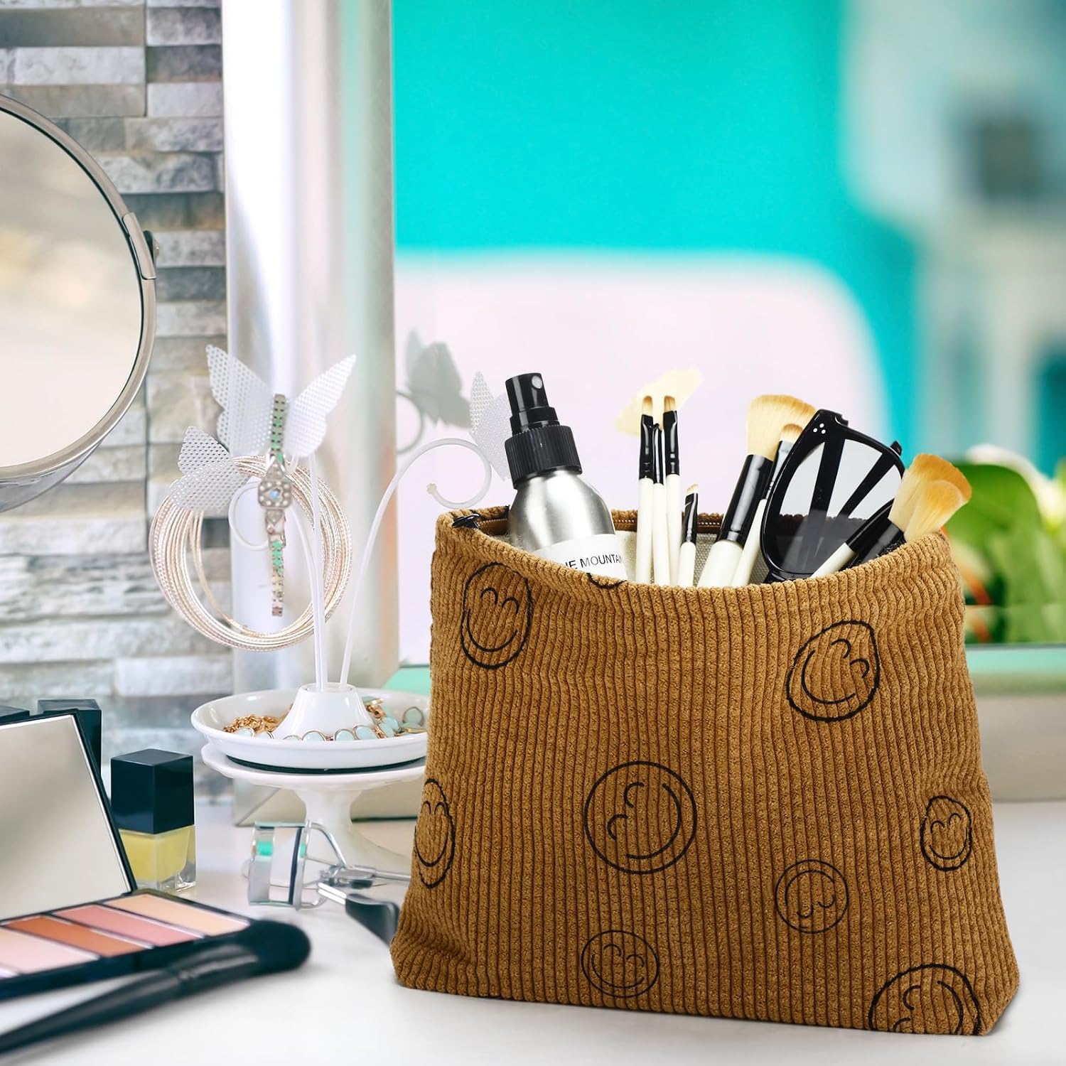 Oudain 3 bolsas de maquillaje de cara sonriente, bolsa de cosméticos de pana, 3 tamaños, bolsas de maquillaje estéticas para mujeres, adolescentes y