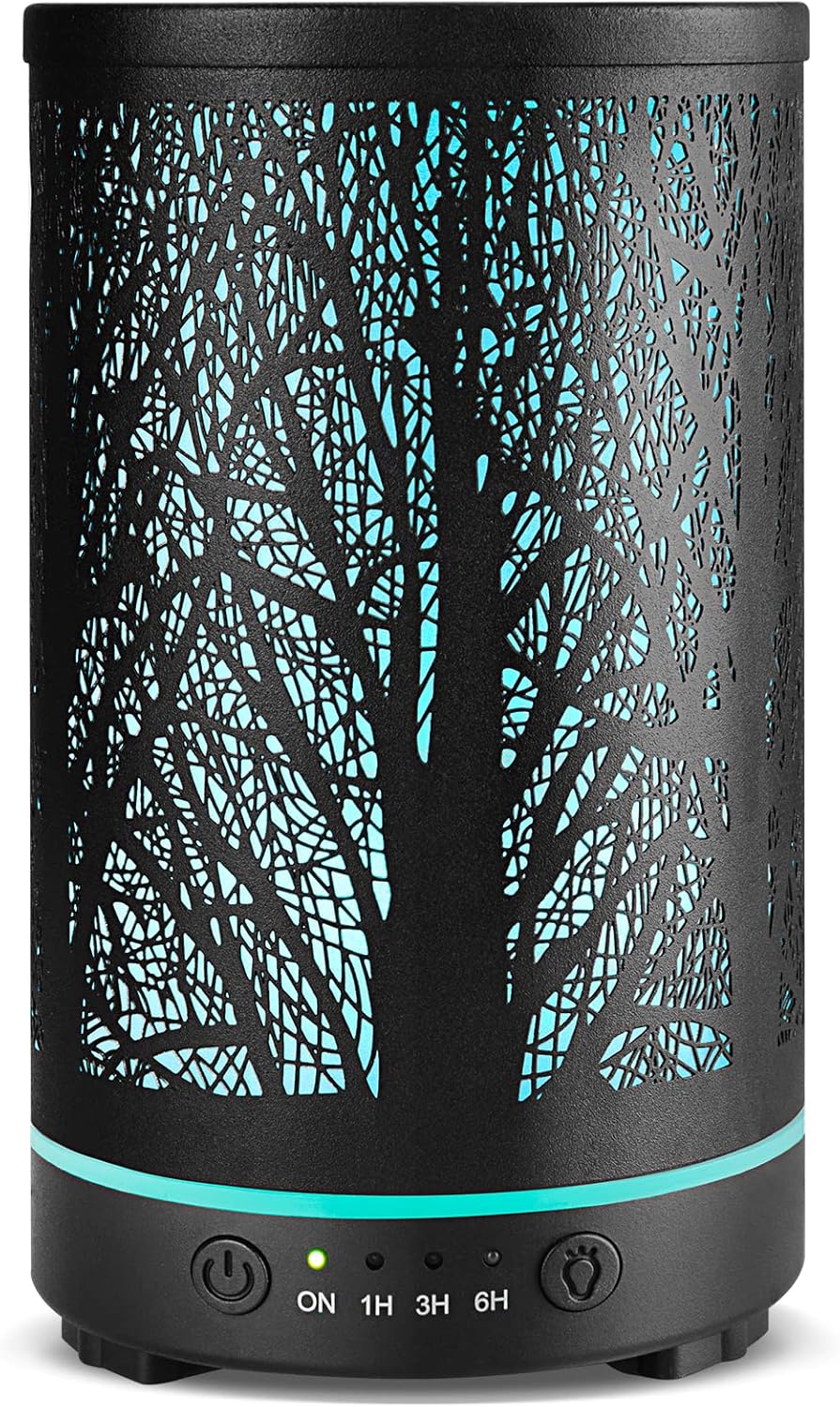 INRORANS Difusor de aceite esencial de árbol de metal negro mate de 6.8 fl oz, difusor de aromaterapia con diseño intermitente, 7 colores LED, luz