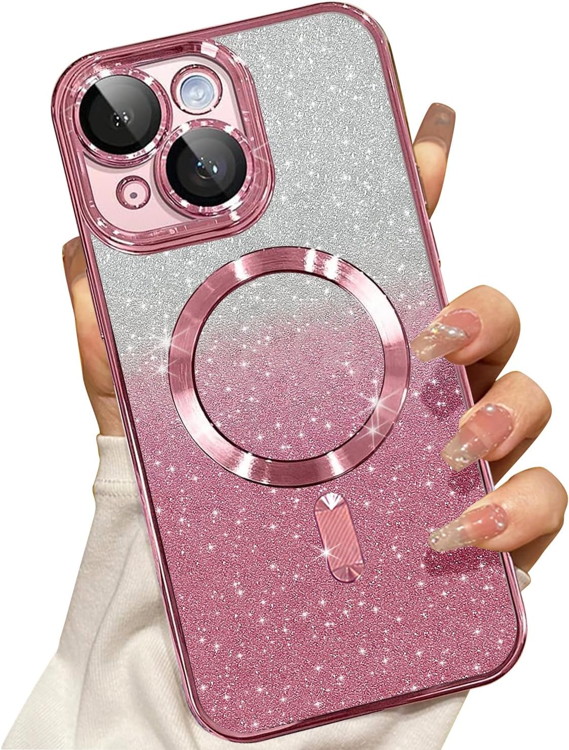 Misscase Funda magnética con purpurina para iPhone 15 Plus compatible con MagSafe, protector de lente de cámara, protección completa, elegante,