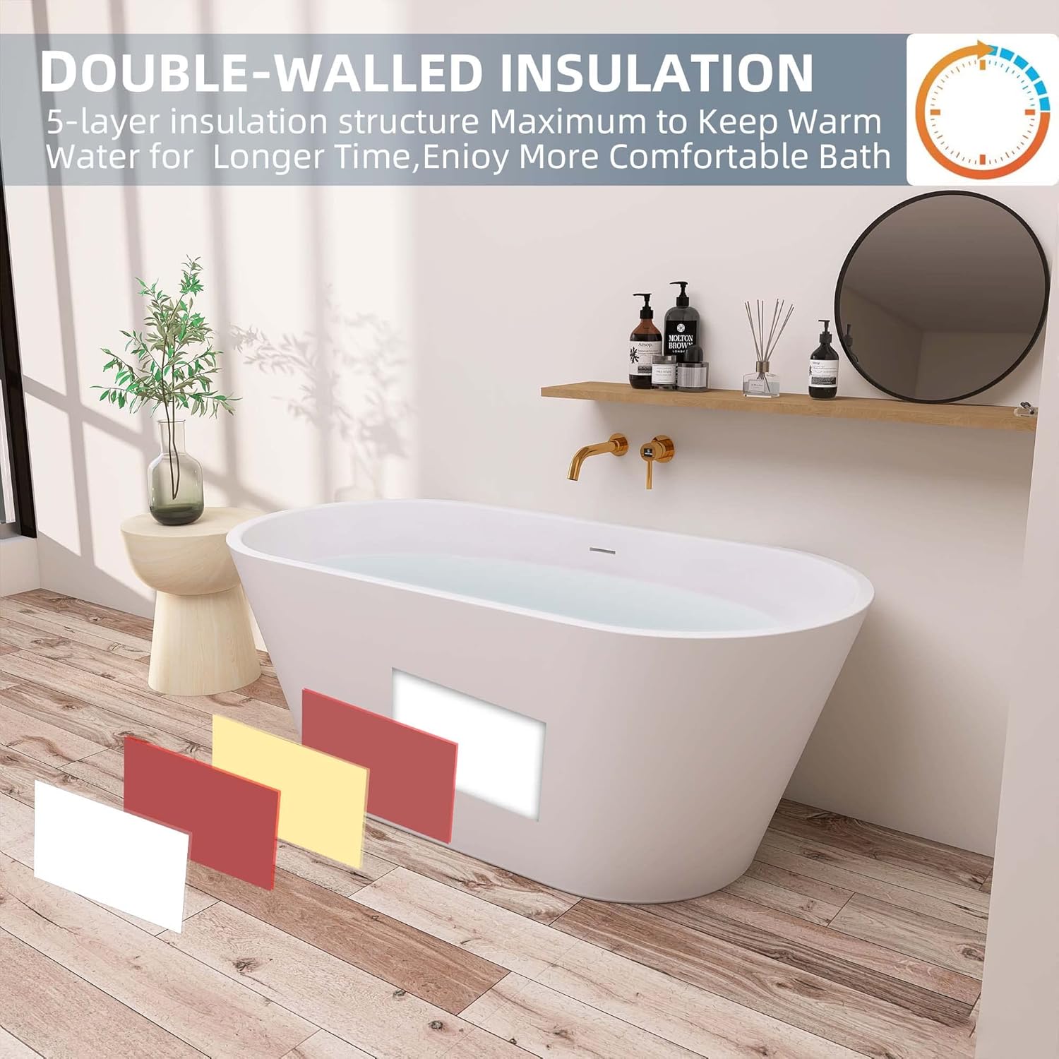 Bañera independiente de acrílico de 55 pulgadas con desbordamiento ranurado lineal y drenaje desplegable antiobstrucción, diseño ergonómico con
