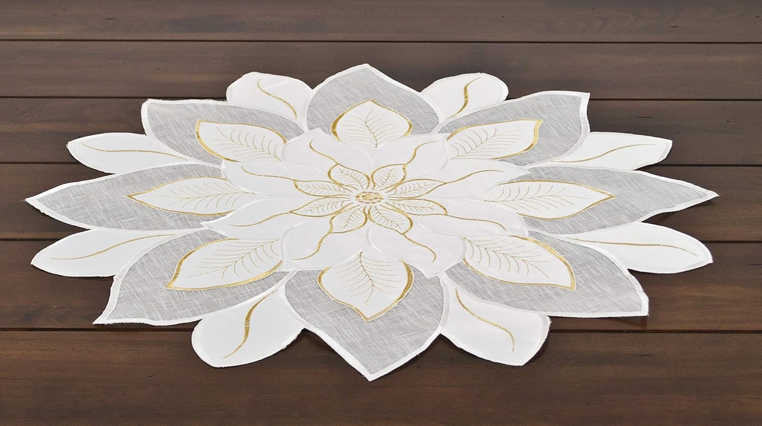 Tapete de mesa bordado de Navidad blanco y dorado con estrella de Pascua (23 pulgadas, redondo)