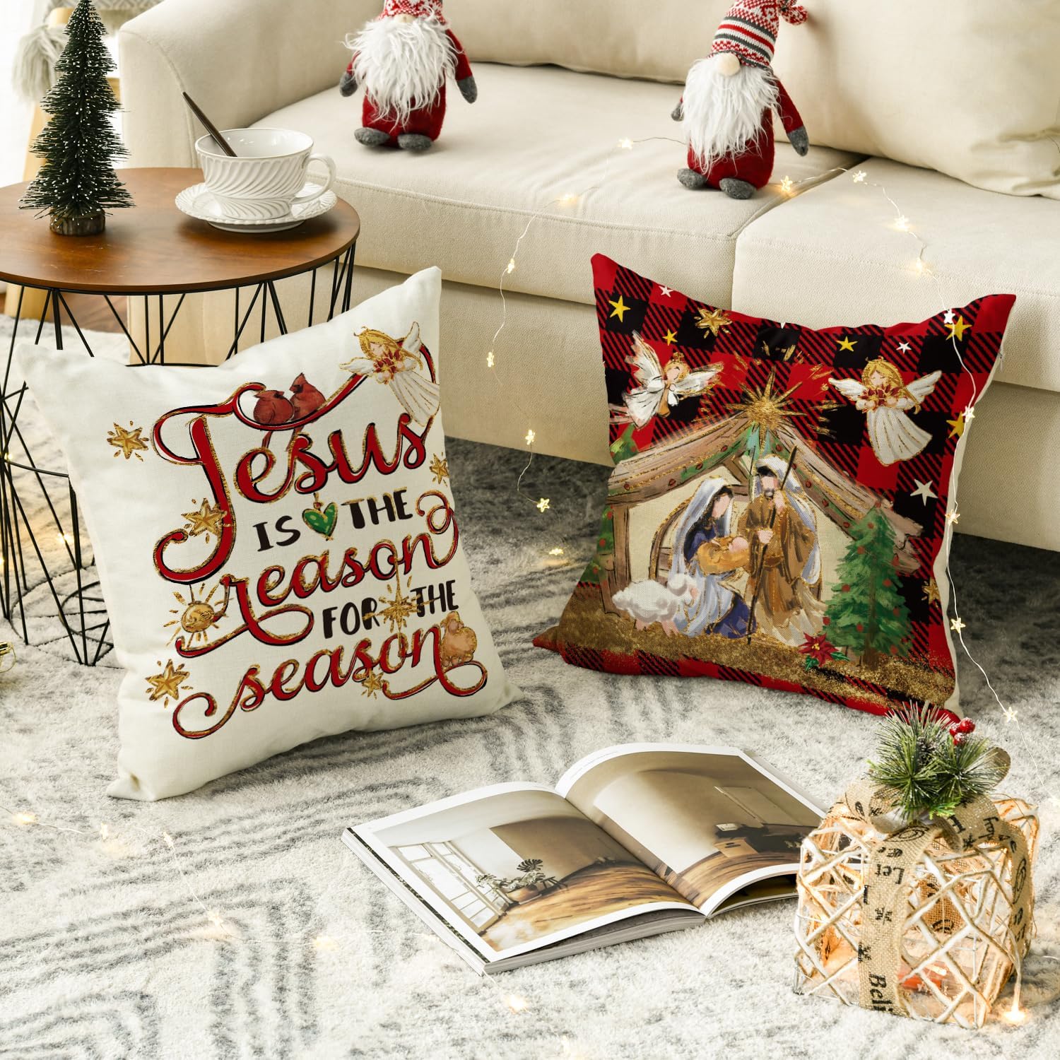 AVOIN colorlife Christmas O Holy Night Jesus Cardinal Buffalo – Juego de 4 fundas de almohada a cuadros, 20 x 20 pulgadas, con texto de Navidad,