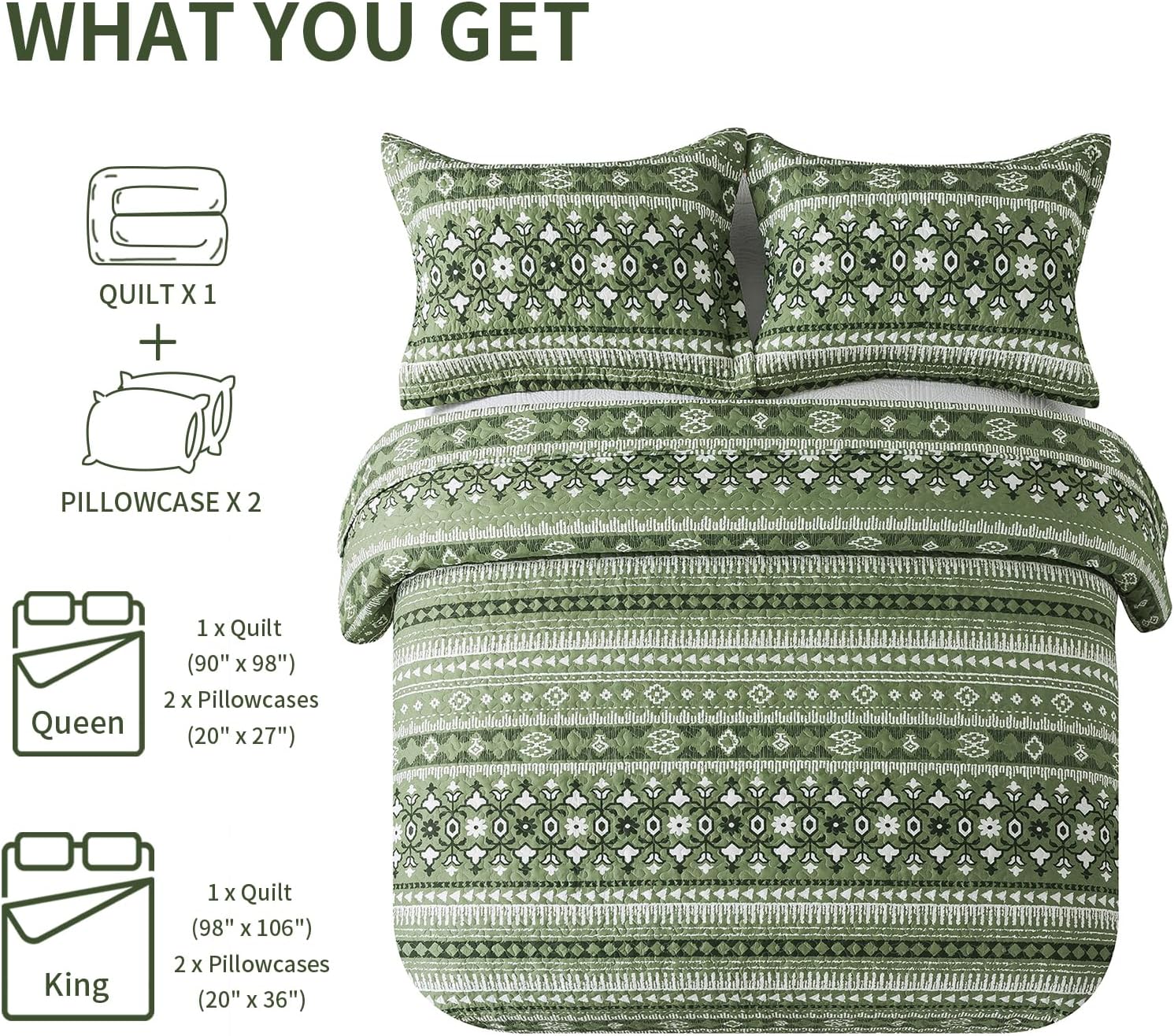 TWINRUN Juego de ropa de cama bohemio tamaño Queen, edredón bohemio verde, colcha ligera tamaño Queen con estampado de rayas geométricas (90 x 98