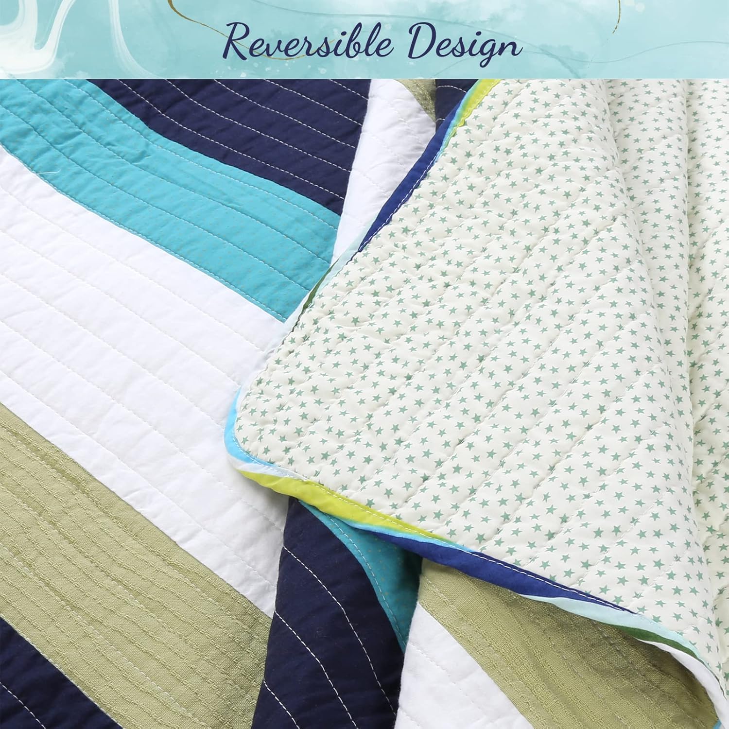 Cozy Line Home Fashions Juego de ropa de cama reversible de 100 % algodón a rayas, color azul marino, verde salvia, para todas las estaciones