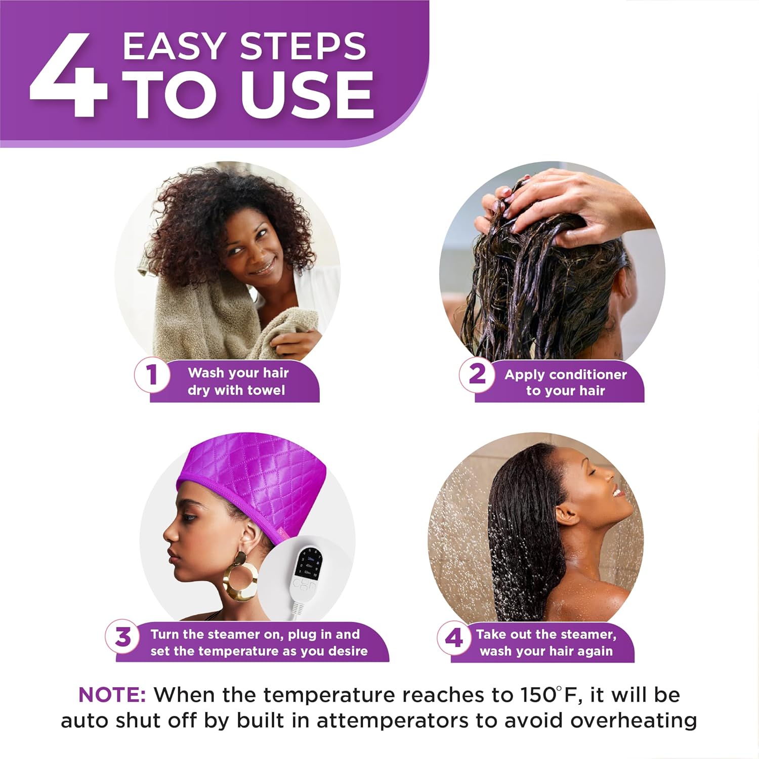 Vaporizador de cabello para acondicionamiento profundo con 10 niveles que se calienta rápidamente, tapa térmica de vapor para cabello negro, ideal