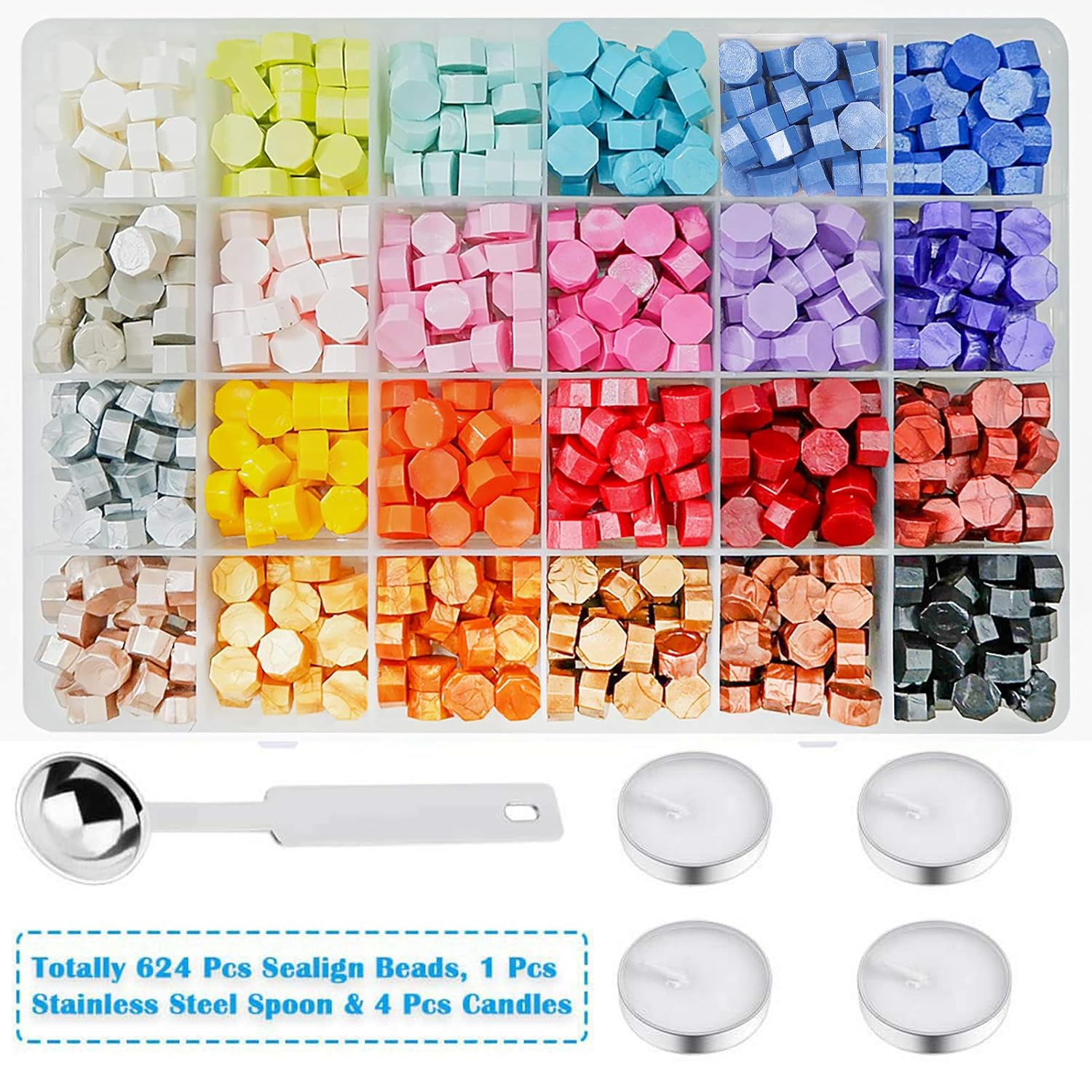 624 cuentas de cera de sellado colorido macarona con 4 velas de té y 1 cuchara de fusión de cera