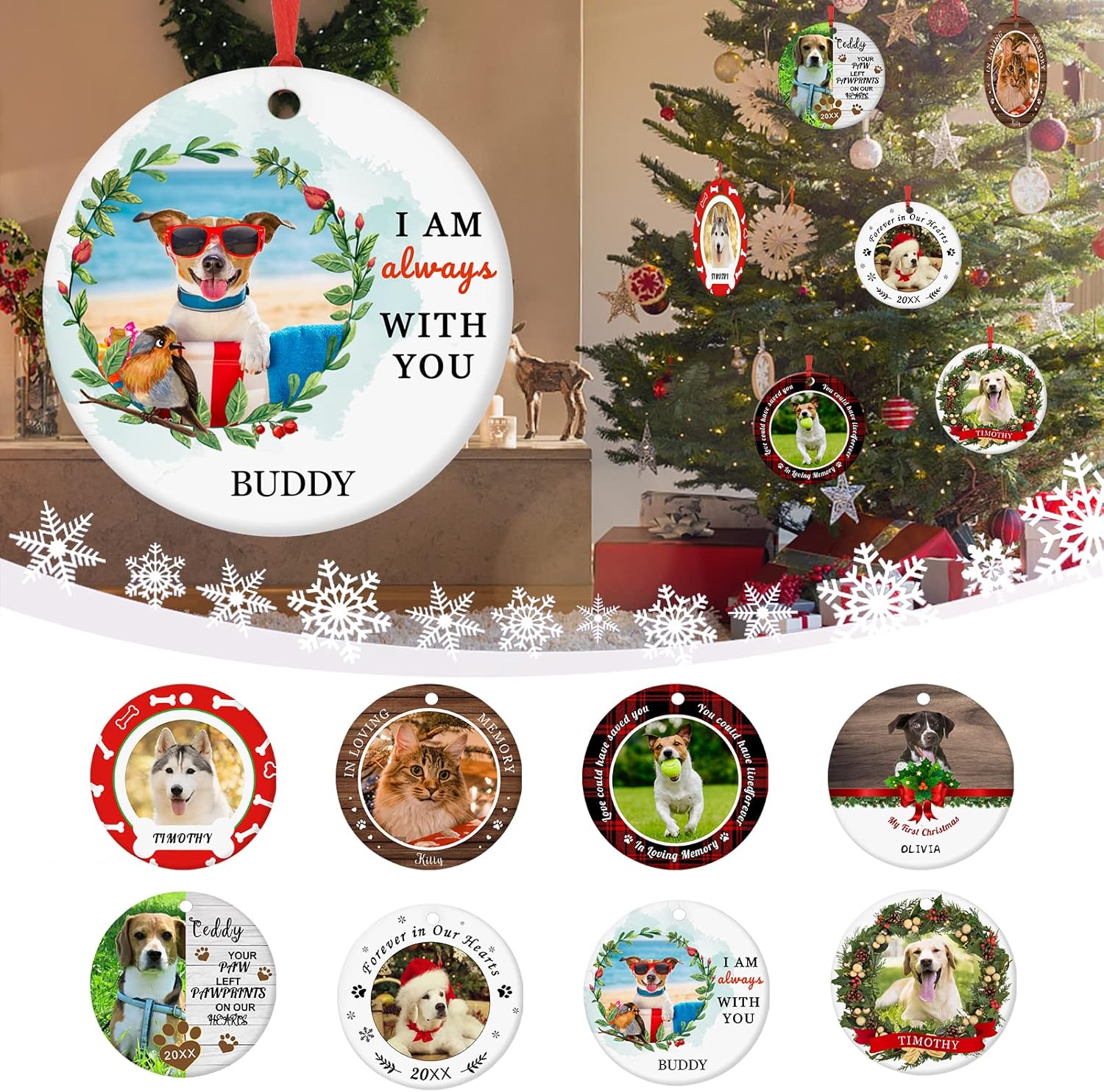 Personalized Christmas Ornaments with Dog Cats Pets 2022 Custom Pet Memorial Photo Ceramic Christmas Ornament Customized Christmas Ornament Dogs