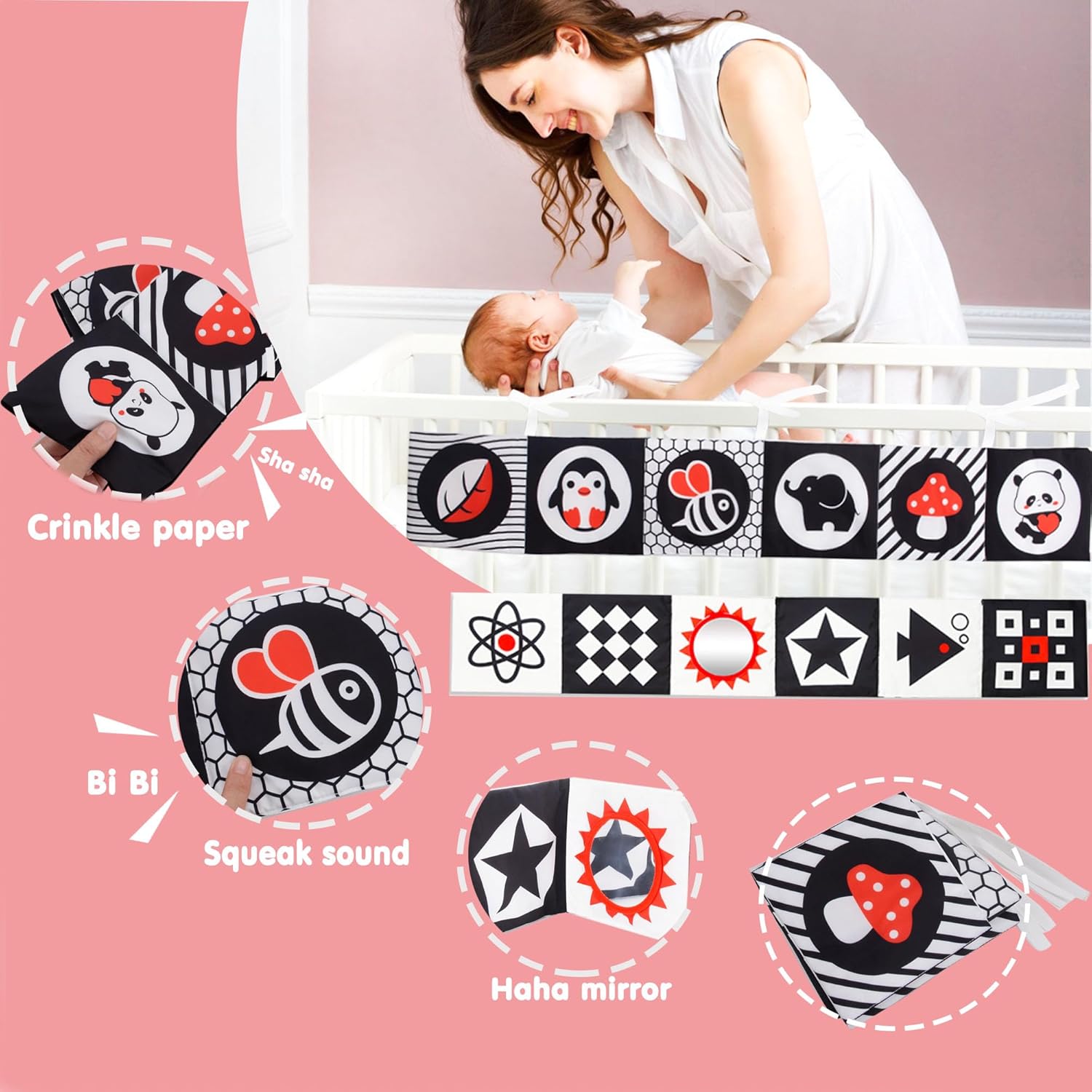 U-Zimikee 3 piezas de juguetes de asiento de automóvil, juguetes para bebés de alto contraste en blanco y negro, 0-3, 6-12 meses, juguetes