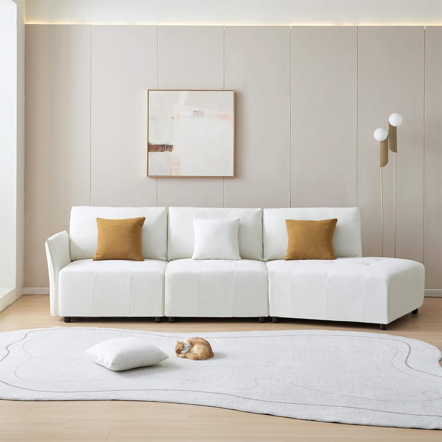 Sofá modular de tela de peluche de 120 pulgadas para sala de estar, moderno sofá modular de 4 asientos con cojín de asiento copetudo con botón y 4