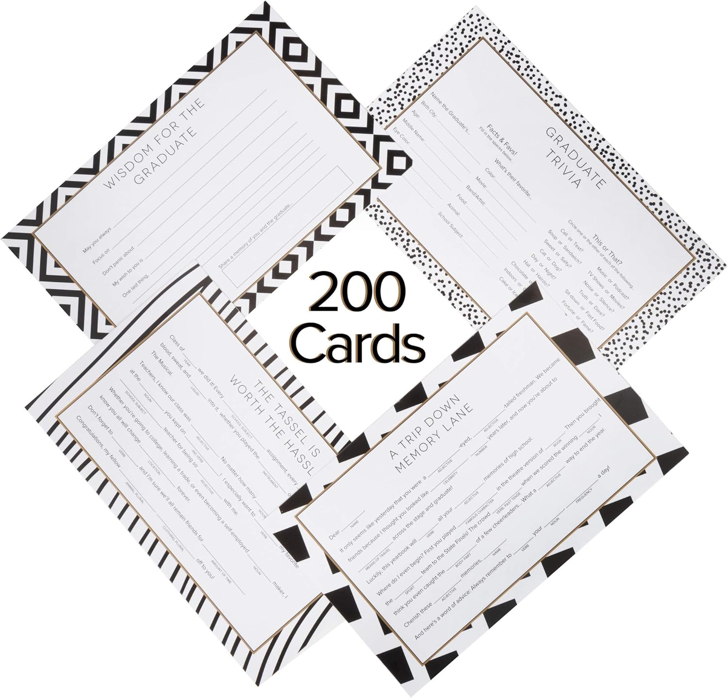 Hats Off! Juegos de graduación 4 en 1, paquete de 200  Trivia, tarjetas de consejos y 2 temas de graduación Libs  Recuerdos de fiesta a granel,