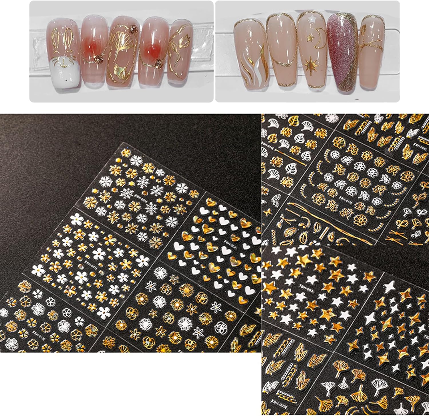 30 hojas de calcomanías doradas para arte de uñas, flores doradas, hojas de mariposas, suministros de arte de uñas, suministros de arte de uñas,
