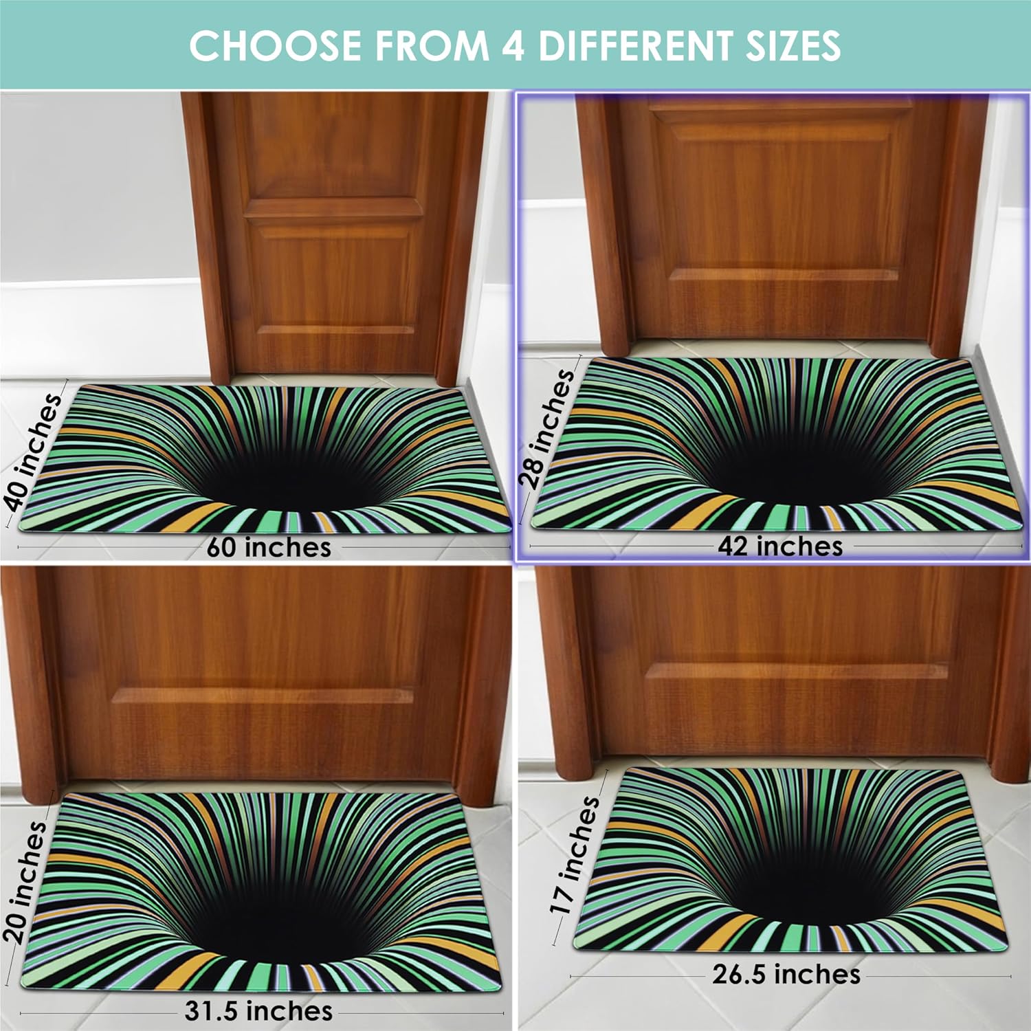 Unusuall Alfombra de ilusión óptica 3D, tapete de ilusión vórtice para puerta, baño, escaleras, sala de juegos, sala de estar o área (colorido, 42 x