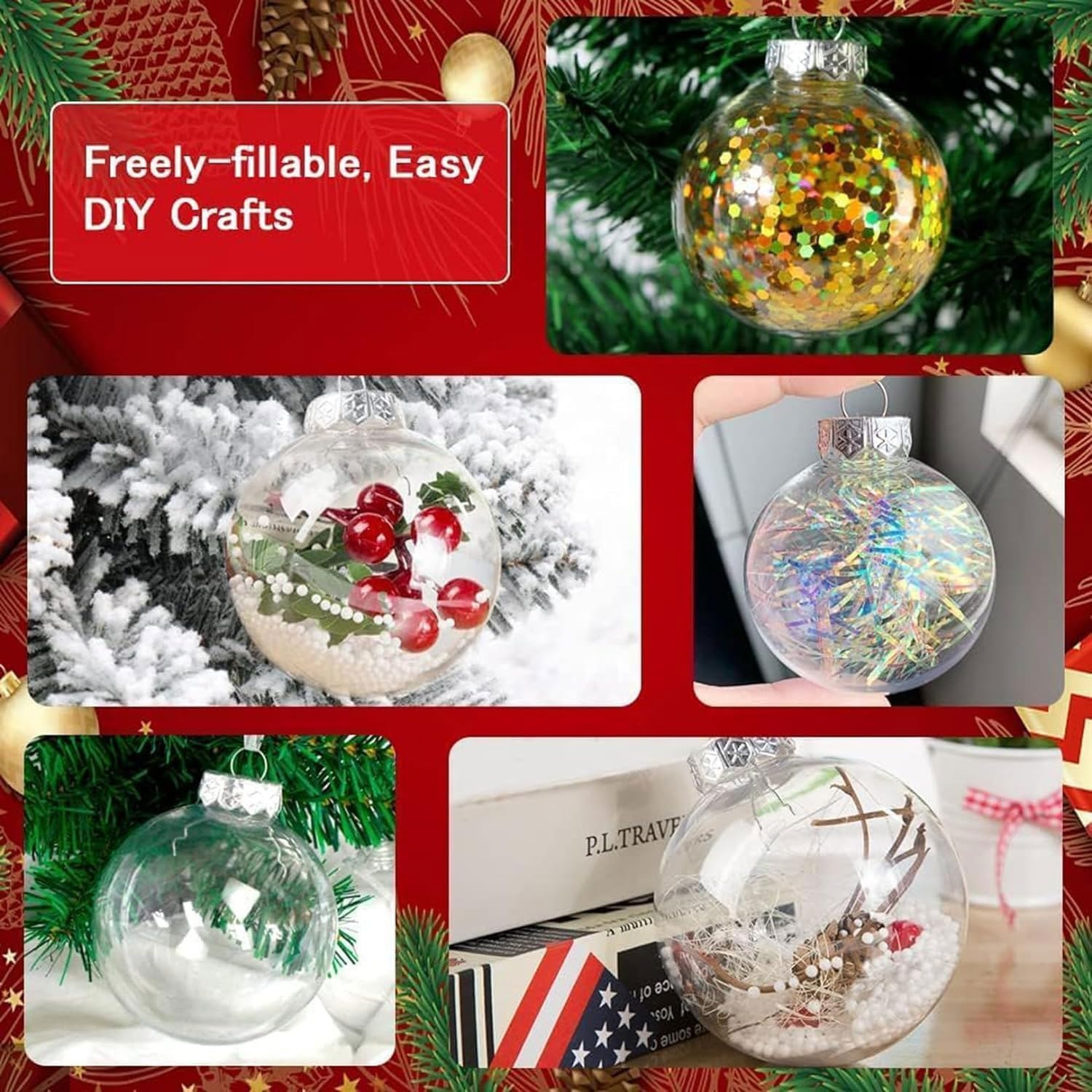 8 bolas decorativas de plástico transparente para colgar, 3.15 pulgadas, esferas decorativas de plástico rellenables para Navidad, Halloween,